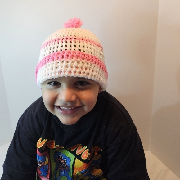 Hand Crafted Knitted beanie Handmade hat white & pink Stripes hand knit pom pom - Picture 10 of 17